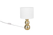 Elegante Tischleuchte mit weißem Lampenschirm und goldenem, strukturiertem Sockel, seitliche Perspektive
