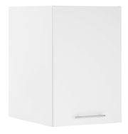 Weißer Aufsatzschrank mit einer Tür und silbernem Griff, seitliche Perspektive