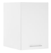 Weißer Aufsatzschrank mit einer Tür und silbernem Griff, seitliche Perspektive
