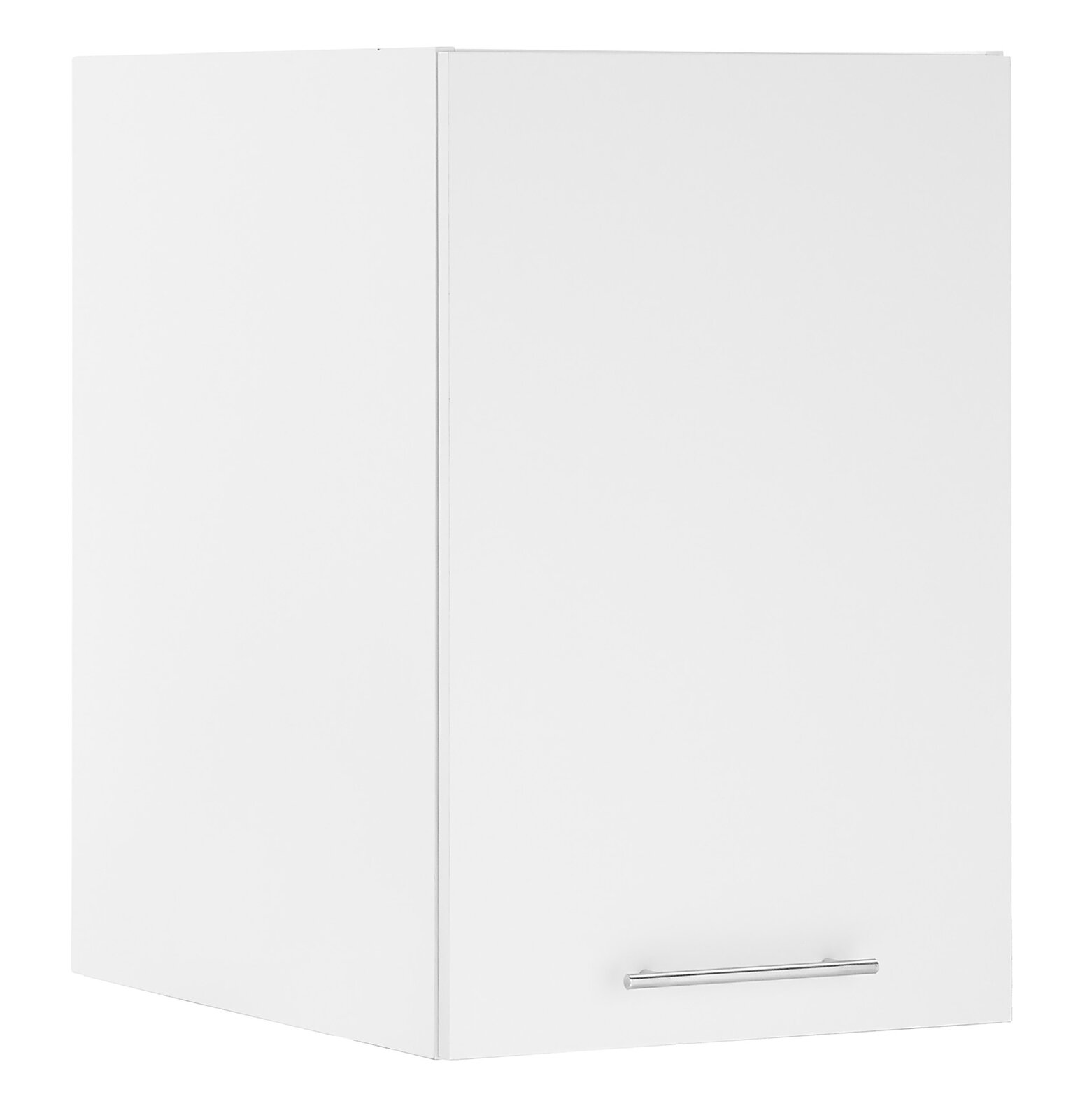 Weißer Aufsatzschrank mit einer Tür und silbernem Griff, seitliche Perspektive