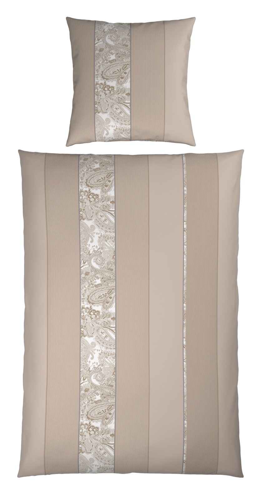 Beige Bettwäsche-Set mit Kissen- und Deckenbezug, vertikale Streifen und Paisley-Zierband in Creme/Beige, Frontalansicht von oben