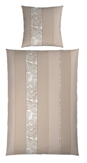 Beige Bettwäsche-Set mit Kissen- und Deckenbezug, vertikale Streifen und Paisley-Zierband in Creme/Beige, Frontalansicht von oben
