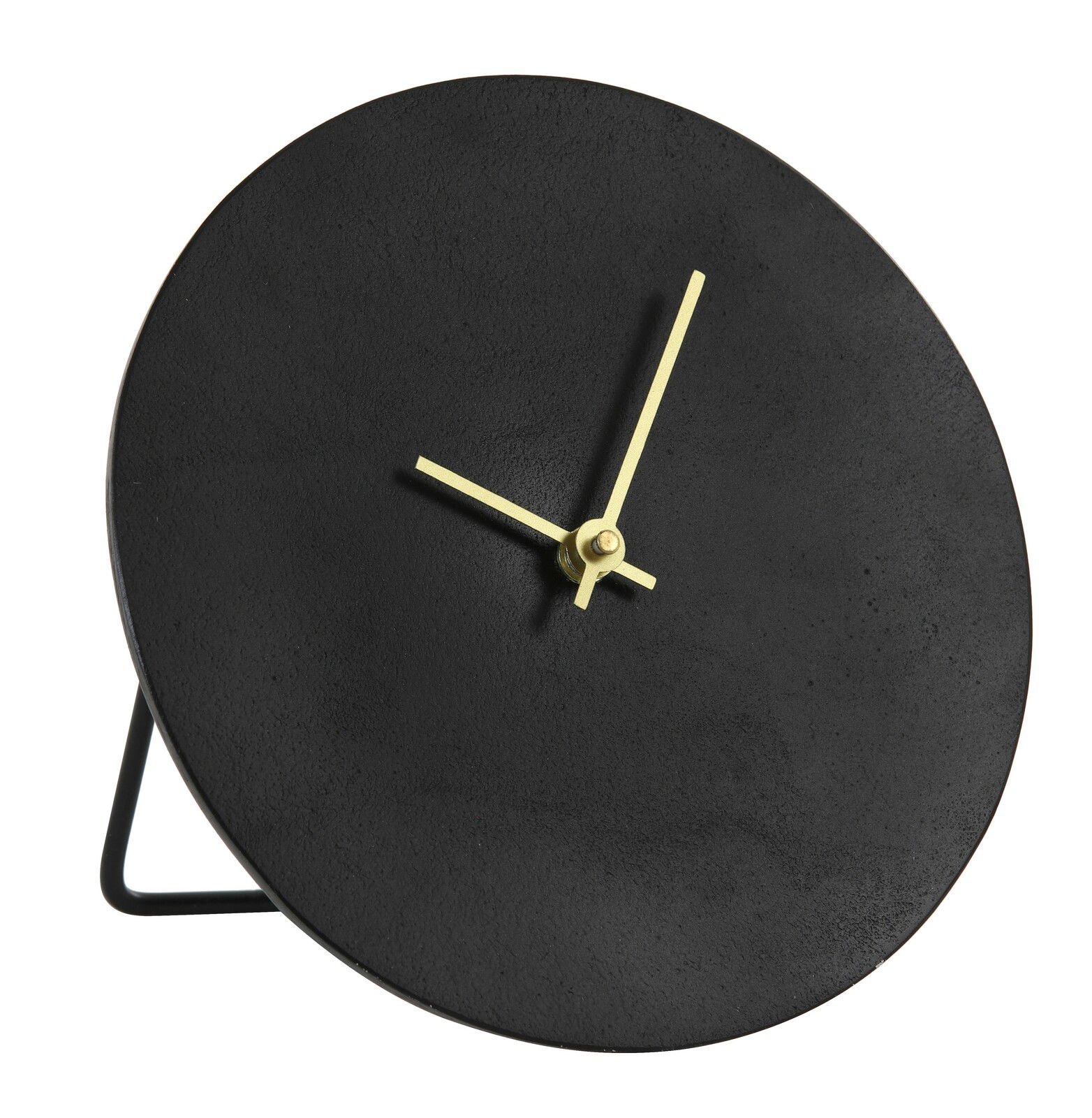 Schwarze Tischuhr mit goldenen Zeigern, seitliche Perspektive