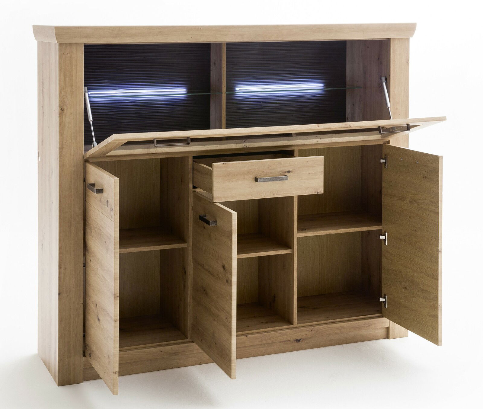 Holz-Highboard mit offenen Türen und Schublade, seitliche Perspektive
