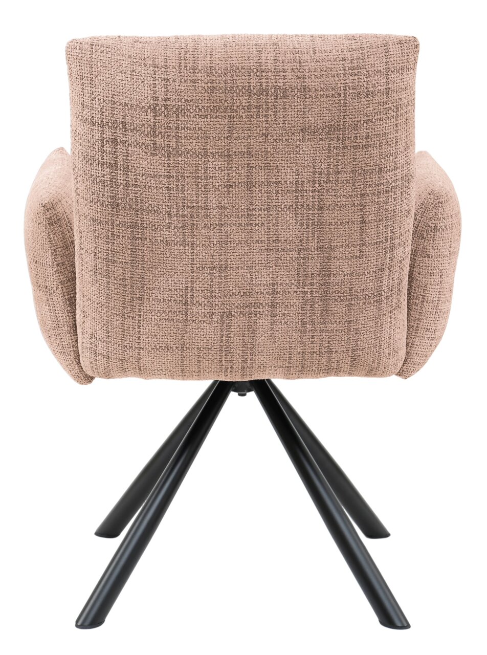 Achterkant van een fauteuil met een beige stoffen bekleding en zwarte metalen poten.