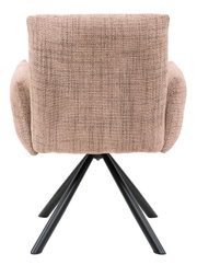 Achterkant van een fauteuil met een beige stoffen bekleding en zwarte metalen poten.