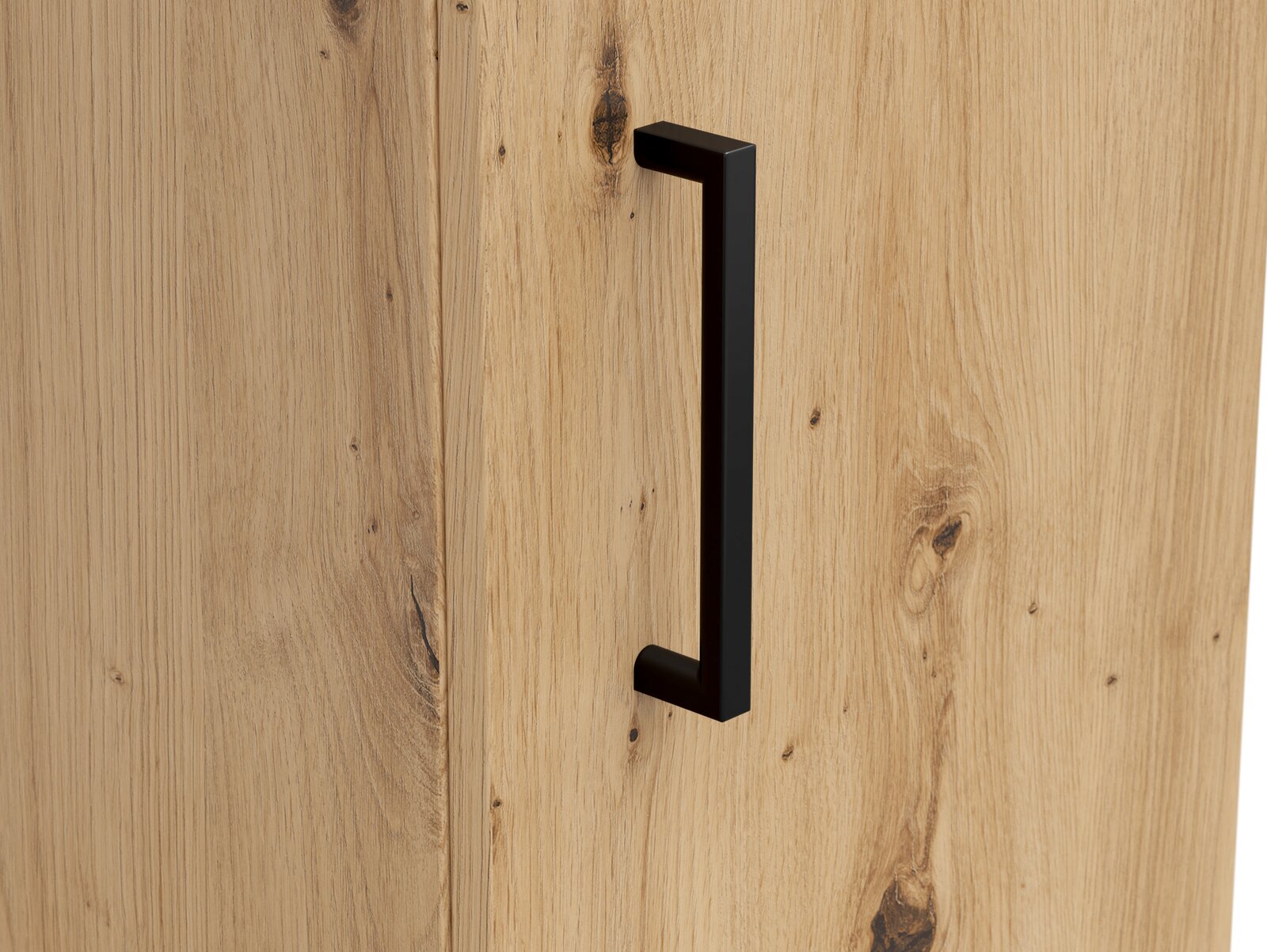 Nahaufnahme eines Mehrzweckschranks mit Holzmaserung und schwarzem Griff, seitliche Perspektive