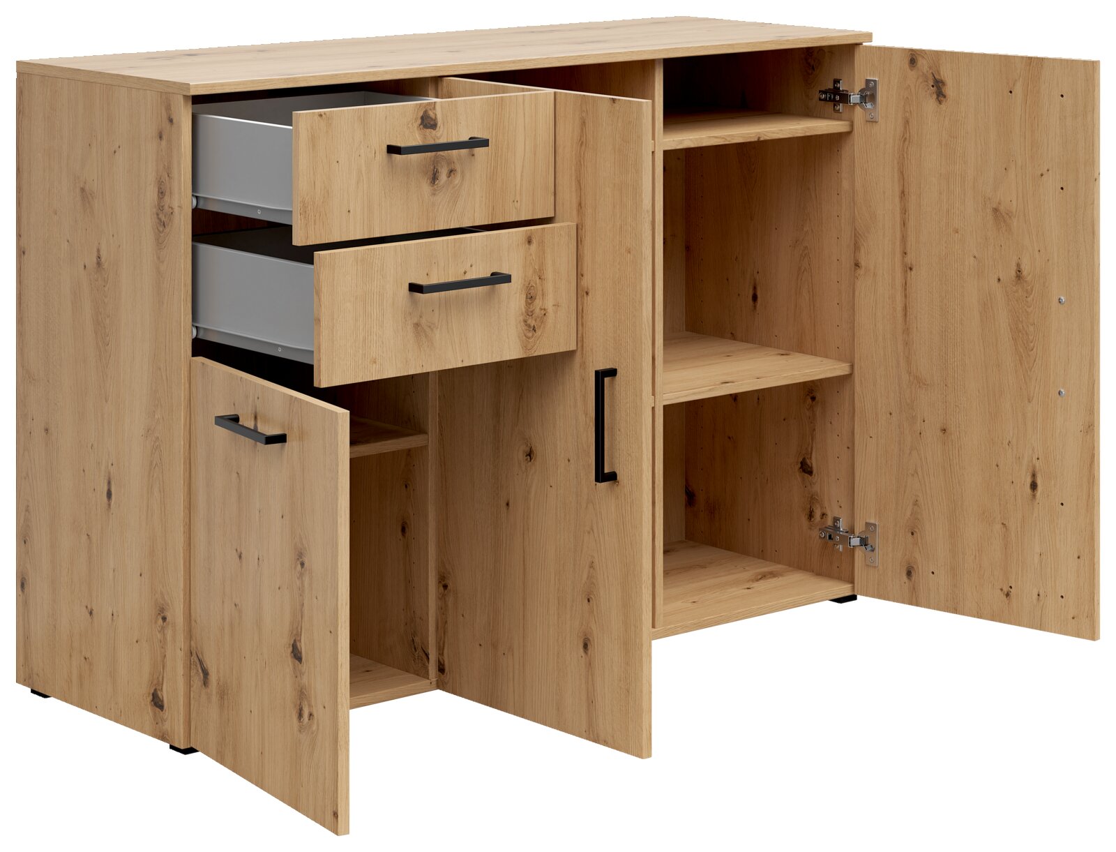 Carryhome Ladekast MULTISTAURAUM Kommode aus Holz mit zwei offenen Schubladen und drei geöffneten Türen, seitliche Perspektive