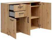 Kommode aus Holz mit zwei offenen Schubladen und drei geöffneten Türen, seitliche Perspektive