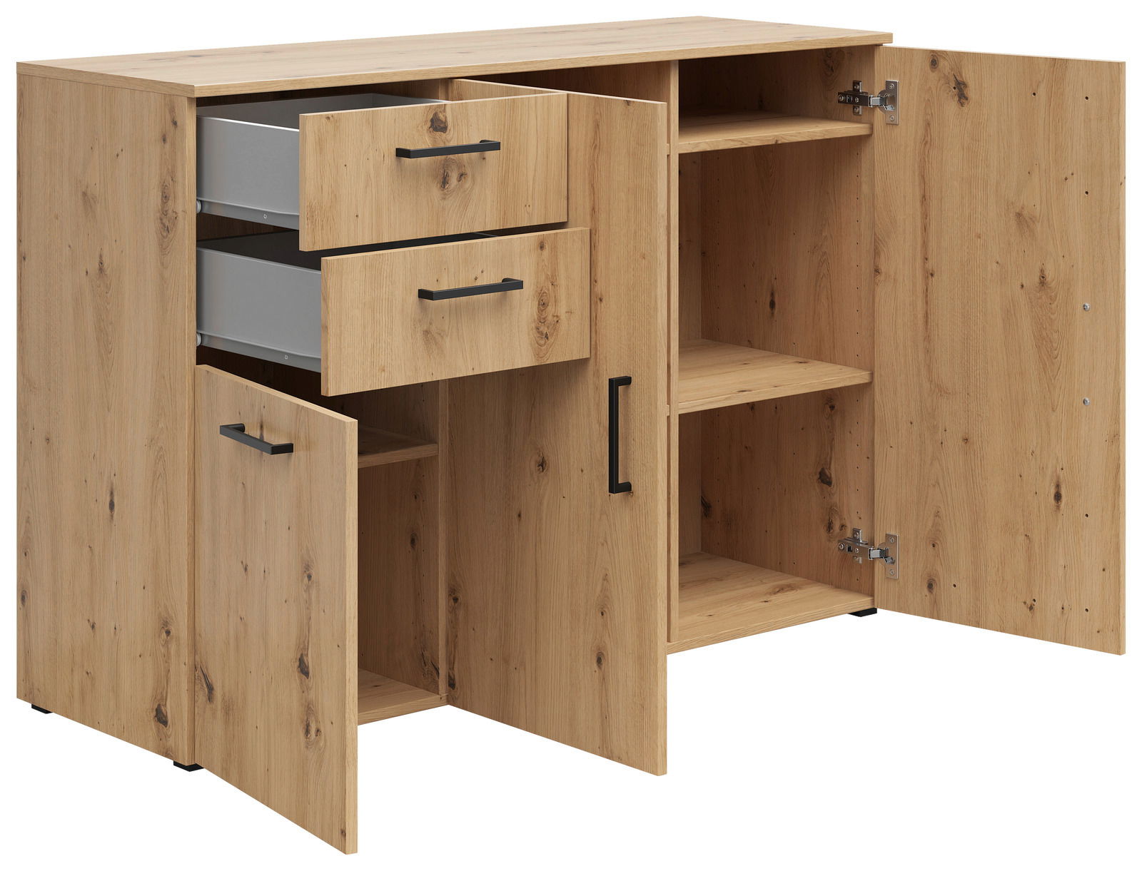 Kommode aus Holz mit zwei offenen Schubladen und drei geöffneten Türen, seitliche Perspektive