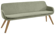 Grüne Polsterbank mit Holzbeinen, seitliche Perspektive