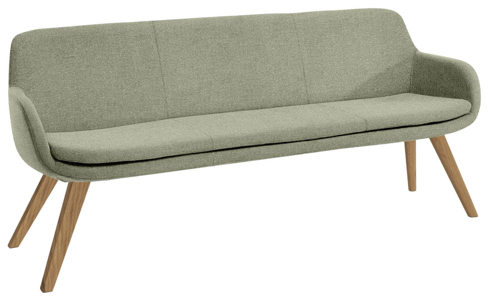 Grüne Polsterbank mit Holzbeinen, seitliche Perspektive