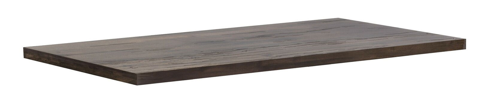 Holztischplatte in dunkler Holzoptik, perspektivisch von der Seite fotografiert.