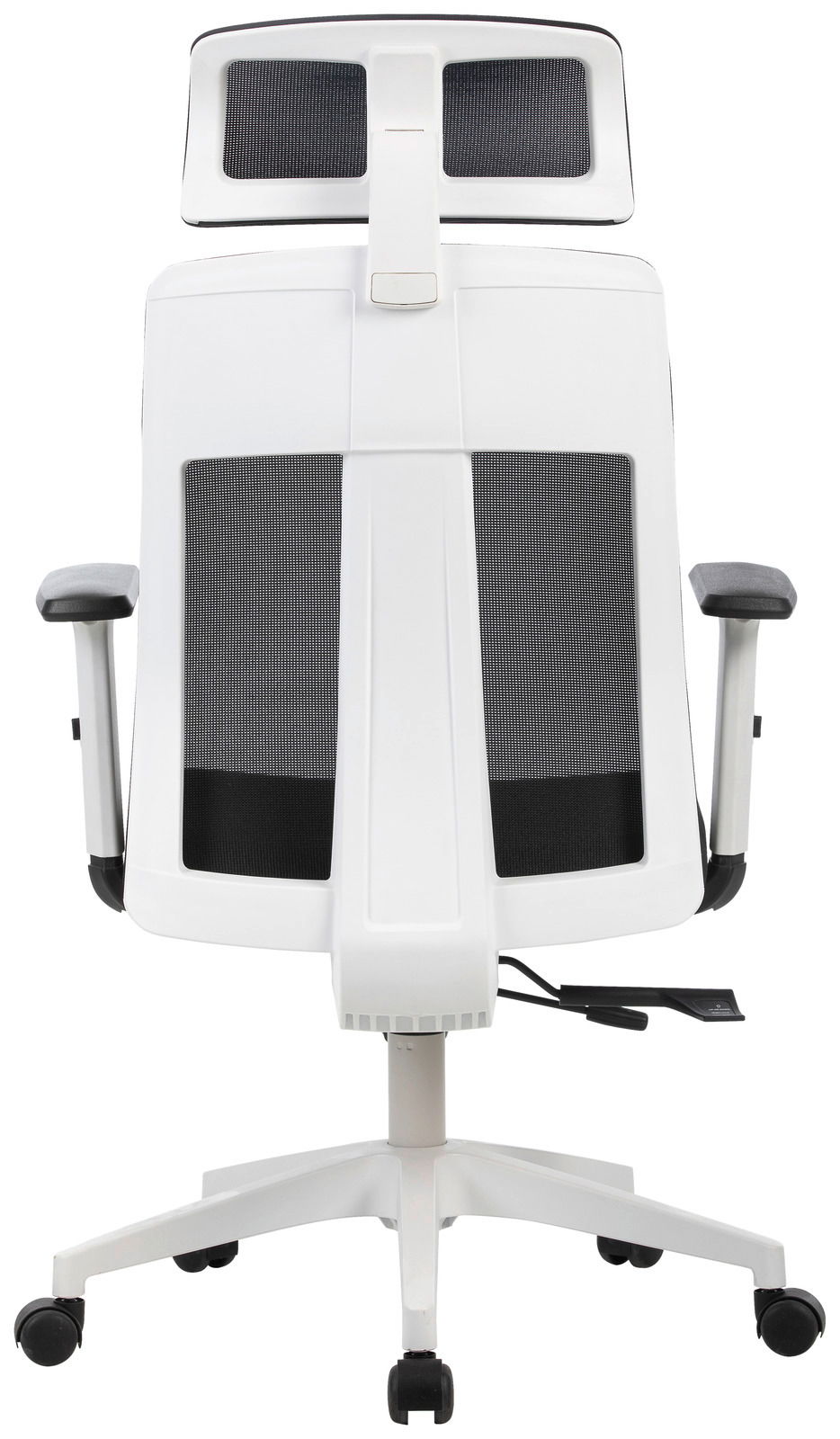 Moderner weißer Drehstuhl mit Netzrückenlehne und Kopfstütze, Ansicht von hinten
