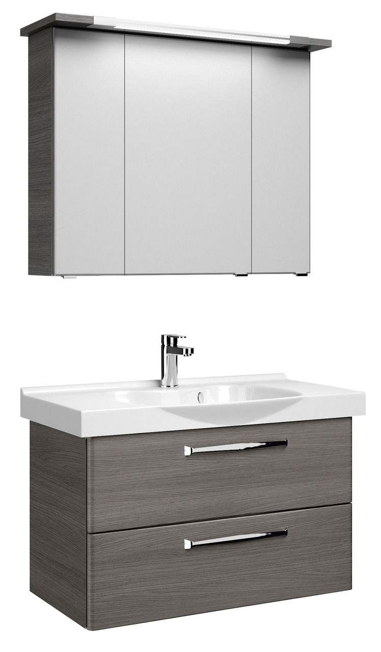 Moderner Badblock mit Spiegelschrank und Waschbecken, Frontansicht