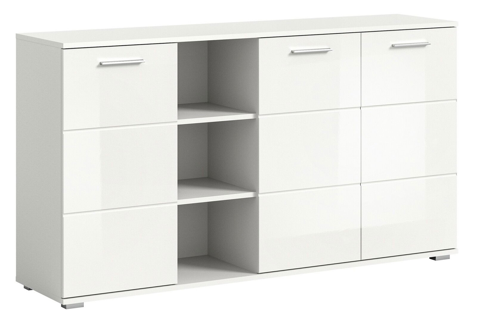 MID.YOU Kommode PREGO Weiße Kommode mit glänzender Oberfläche, zwei Türen und offenen Regalfächern, seitliche Perspektive