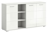 Weiße Kommode mit glänzender Oberfläche, zwei Türen und offenen Regalfächern, seitliche Perspektive