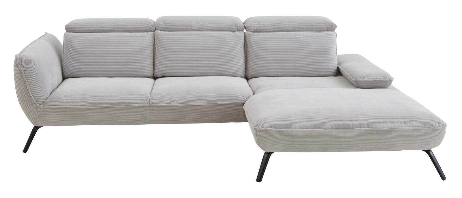 Graues Longchair-Sofa mit drei Rückenkissen und einer Armlehne, seitliche Perspektive