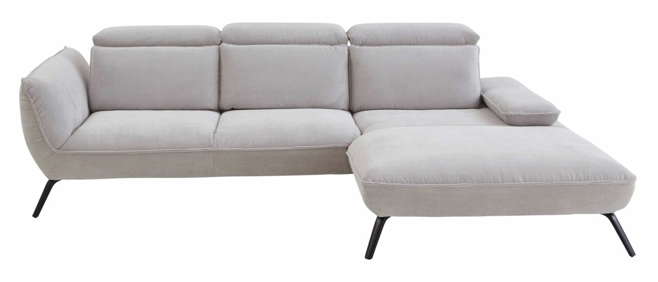 Graues Longchair-Sofa mit drei Rückenkissen und einer Armlehne, seitliche Perspektive
