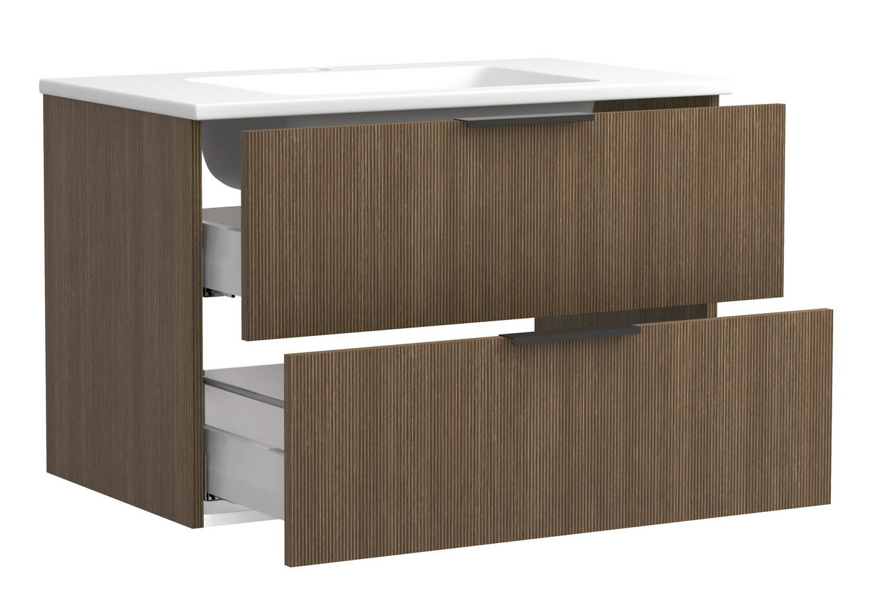 Waschtisch-Set mit zwei Schubladen in Holzoptik, seitliche Perspektive