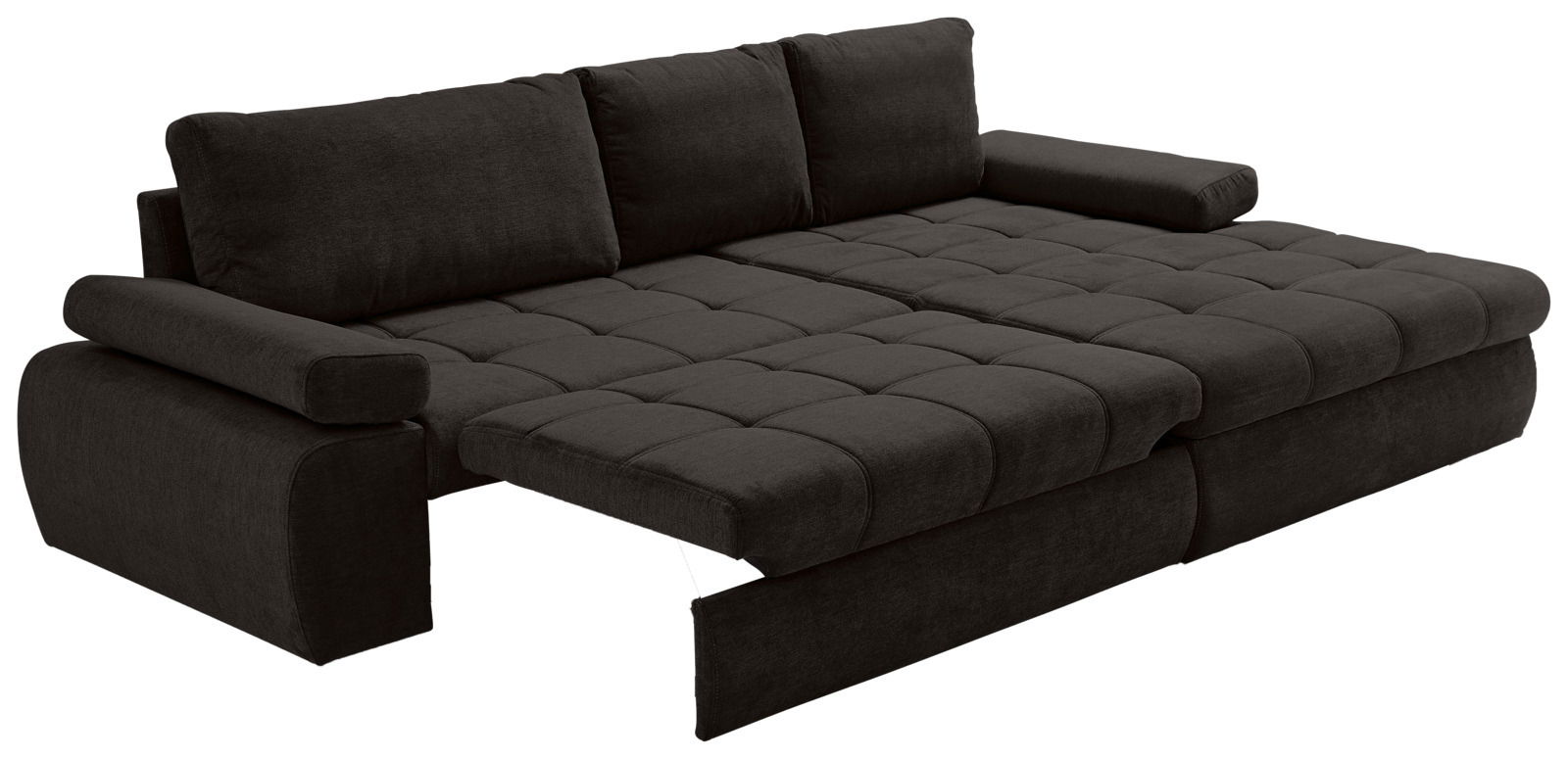 Dunkelgraues Sofa mit Ottomane rechts, in Liegeposition von schräg vorne betrachtet.