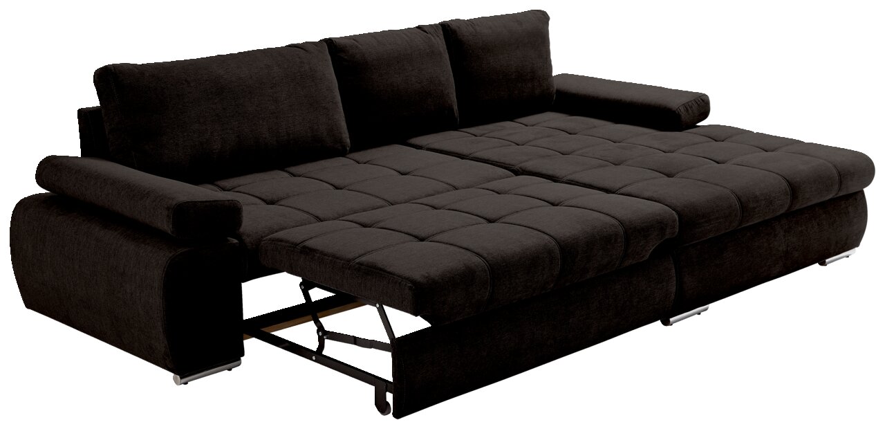 Dunkelgraues Sofa mit Ottomane rechts, in Liegeposition von schräg vorne betrachtet.