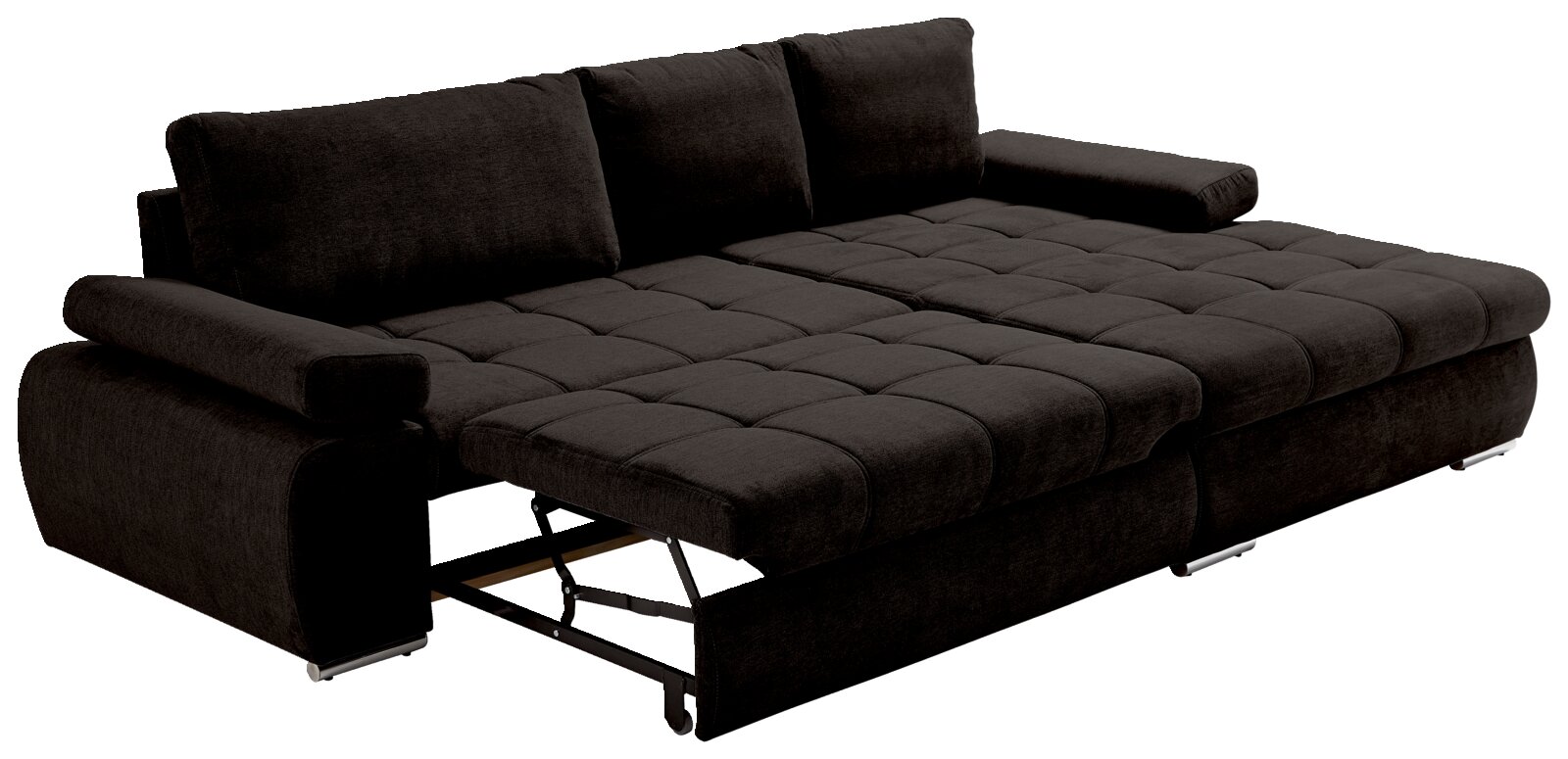 Dunkelgraues Sofa mit Ottomane rechts, in Liegeposition von schräg vorne betrachtet.