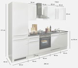 Küchenblock 280 in Weiß mit integriertem Herd, Spüle und Dunstabzugshaube, Frontansicht