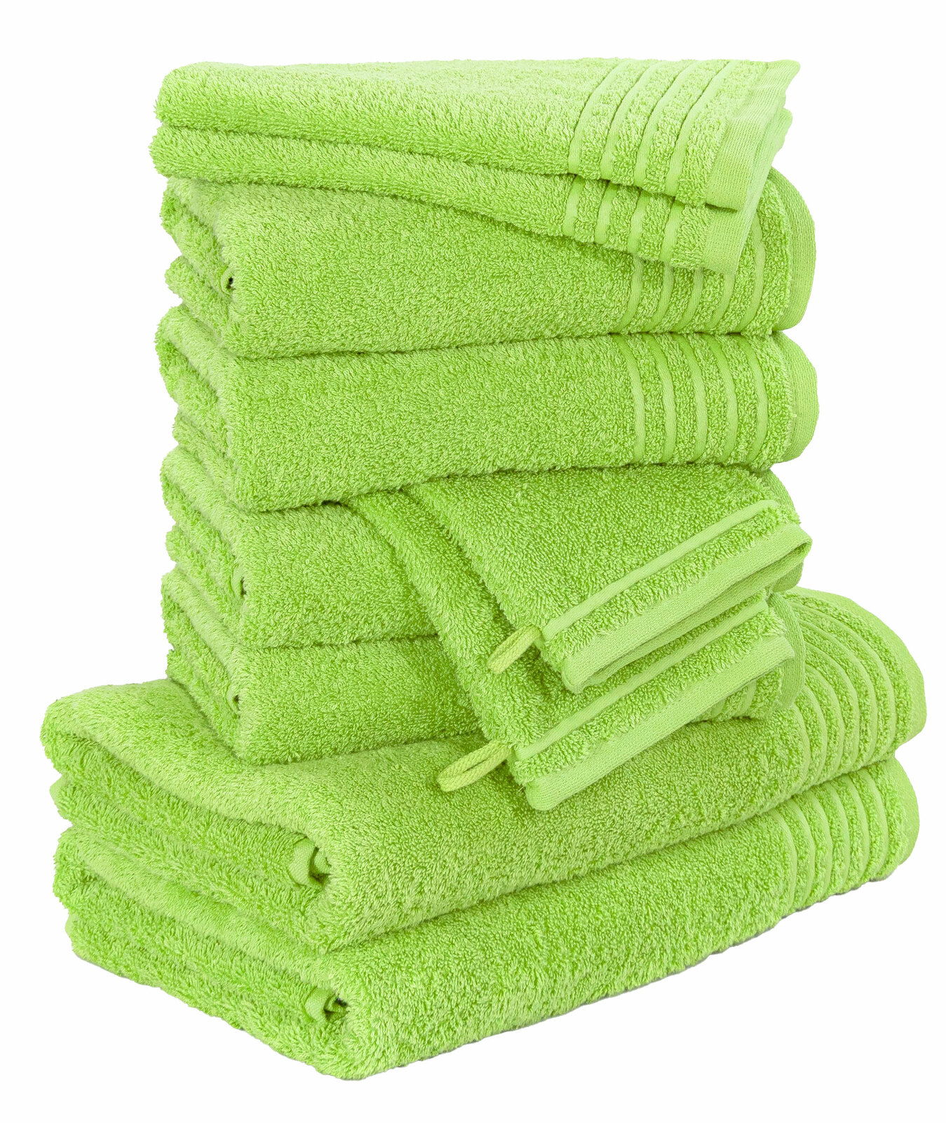 Stapel von leuchtend grünen Handtüchern, seitliche Perspektive