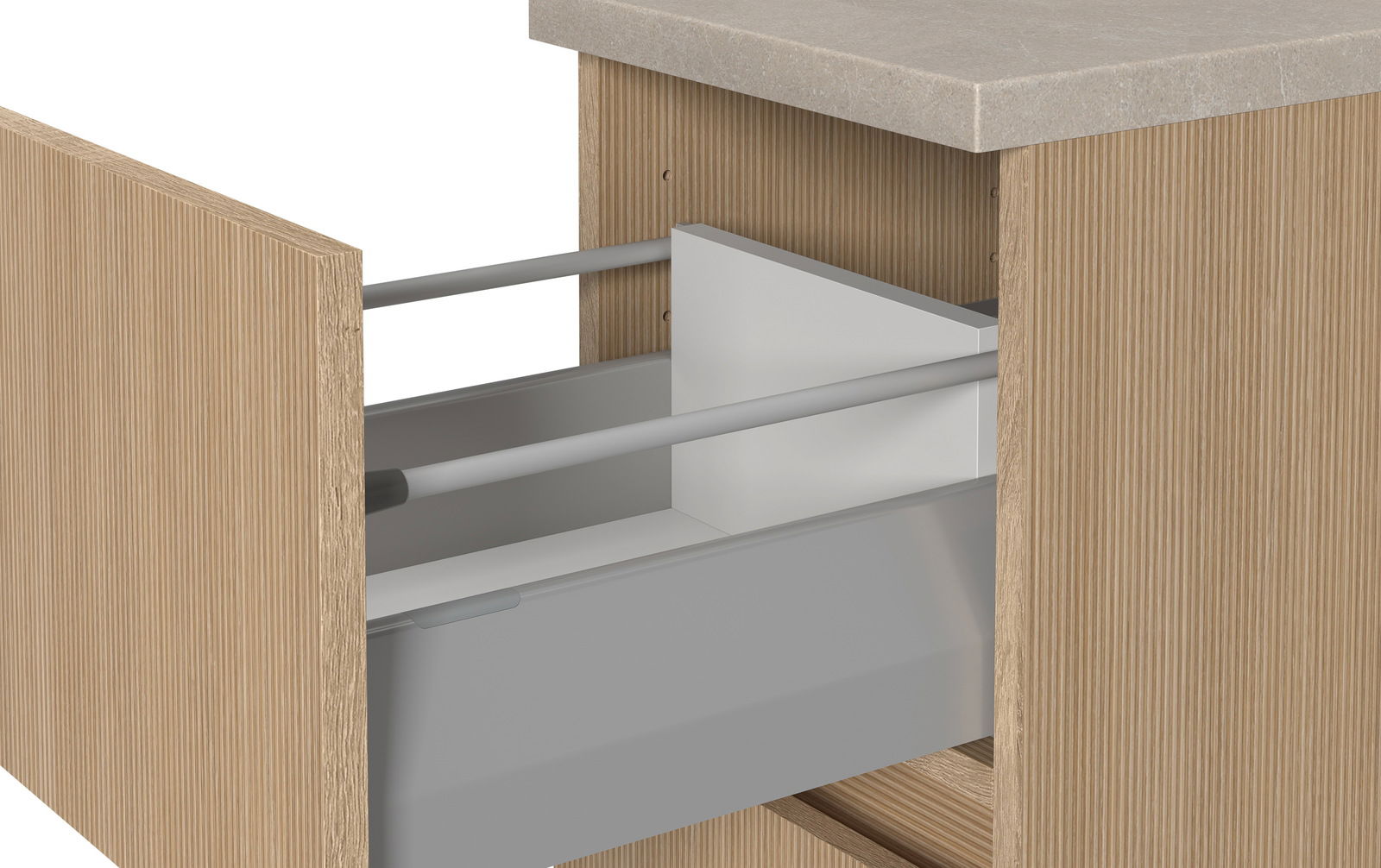 Nahaufnahme eines geöffneten Unterschranks mit Holzfront und grauer Schublade, seitliche Perspektive