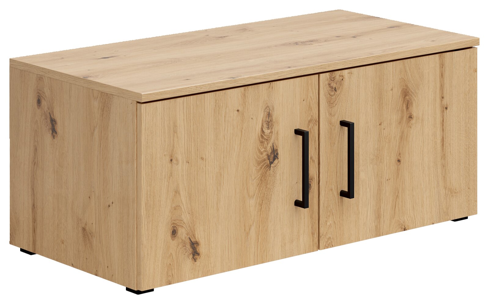 Carryhome Aufsatzschrank MULTISTAURAUM Holzfarbener Aufsatzschrank mit zwei Türen und schwarzen Griffen, seitliche Perspektive