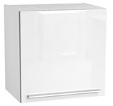 Weißer Hängeschrank mit glänzender Oberfläche und silbernem Griff, Frontalansicht