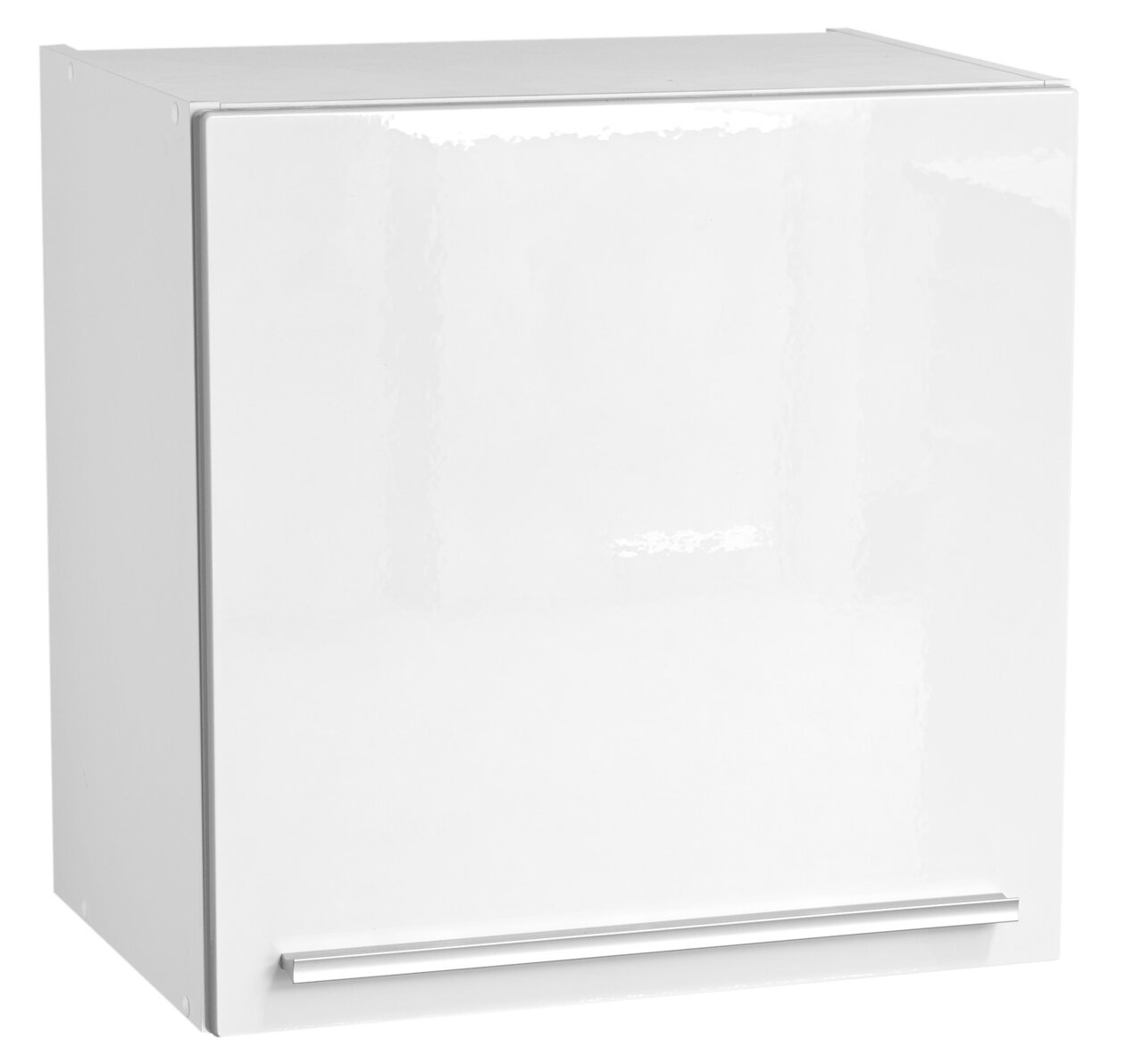 Weißer Hängeschrank mit glänzender Oberfläche und silbernem Griff, Frontalansicht