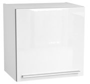 Weißer Hängeschrank mit glänzender Oberfläche und silbernem Griff, Frontalansicht