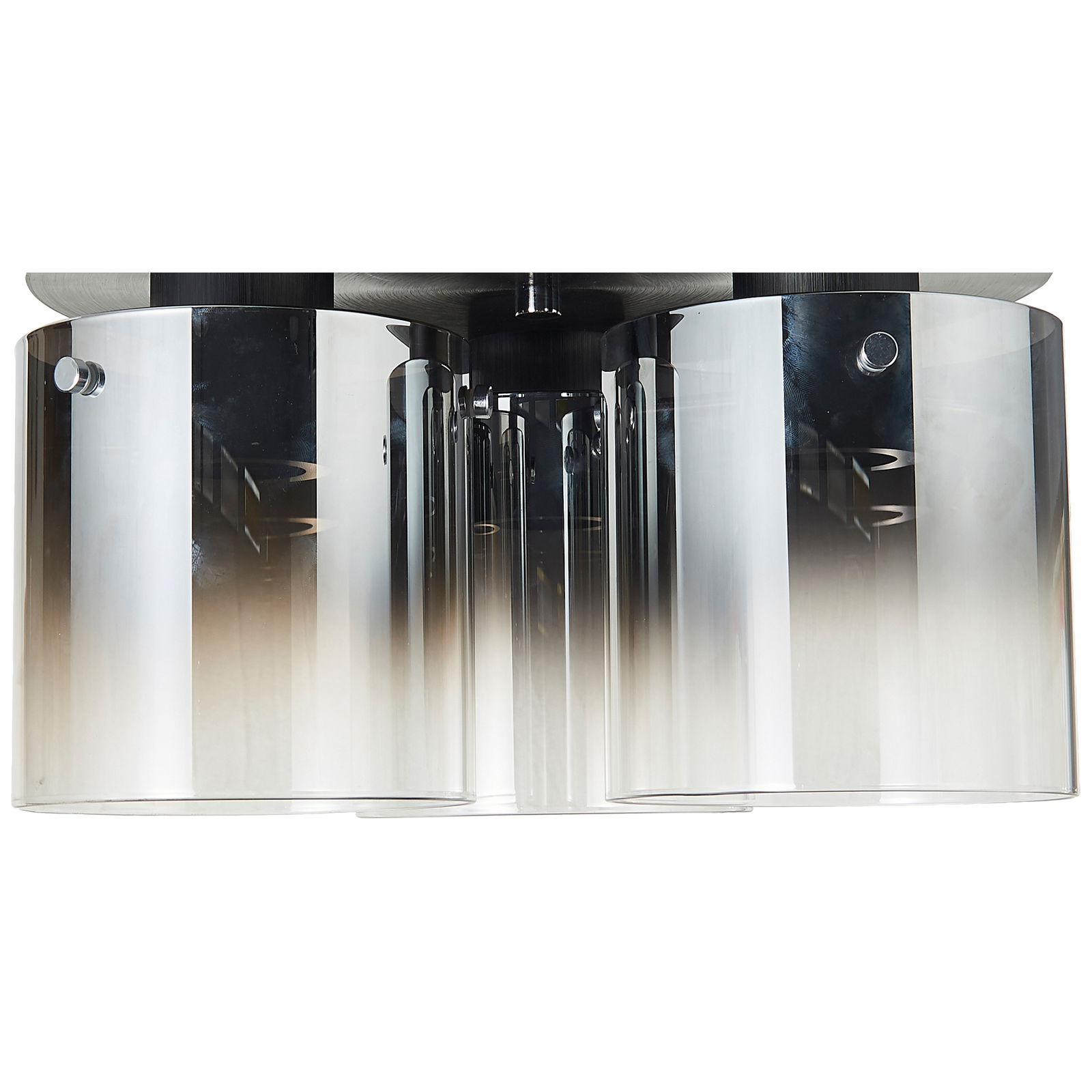 Moderne Deckenleuchte mit drei zylindrischen, transparenten Schirmen, seitliche Perspektive