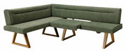 Grüne Eckbank mit Holzbeinen, seitliche Perspektive