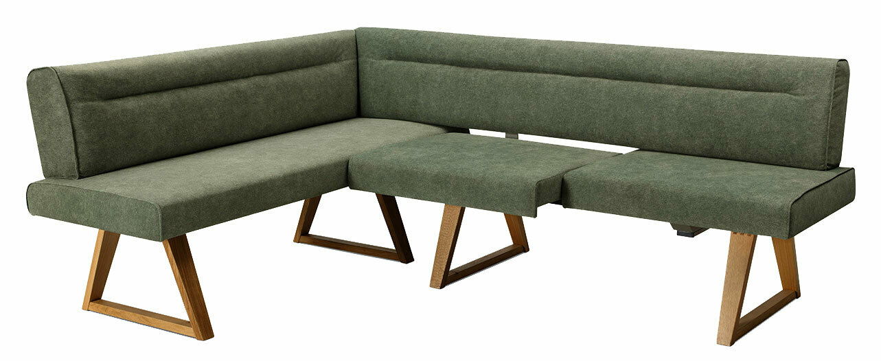 Grüne Eckbank mit Holzbeinen, seitliche Perspektive