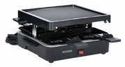 Raclette-Grill mit vier Pfännchen und gerippter Grillplatte, seitliche Perspektive