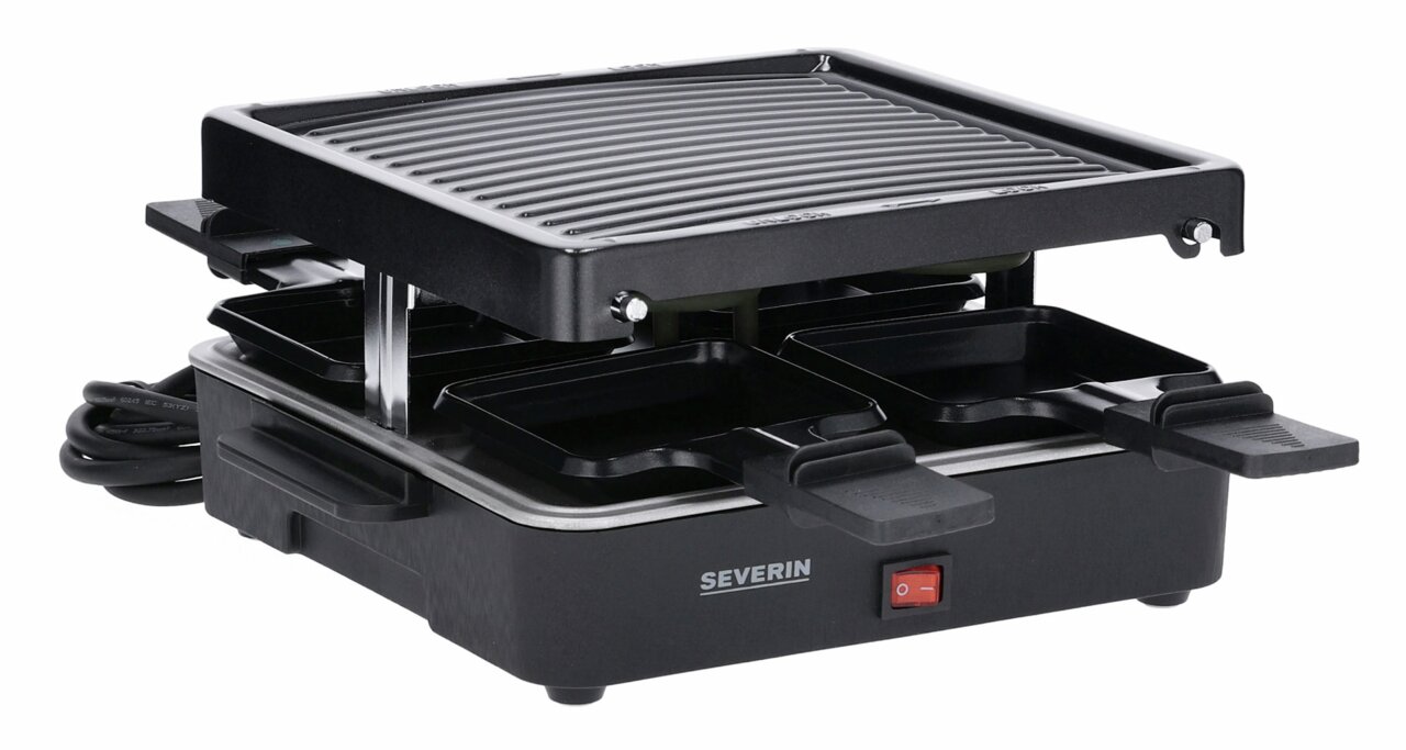 Raclette-Grill mit vier Pfännchen und gerippter Grillplatte, seitliche Perspektive