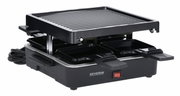 Raclette-Grill mit vier Pfännchen und gerippter Grillplatte, seitliche Perspektive