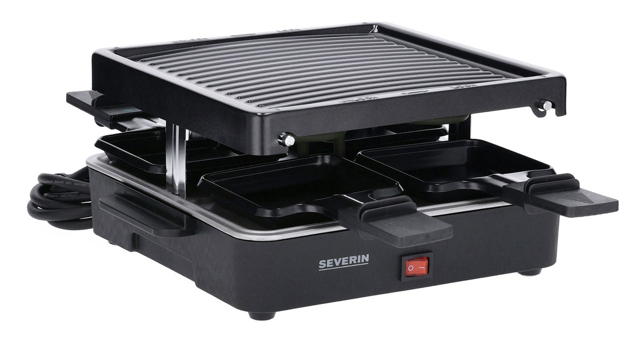 Raclette-Grill mit vier Pfännchen und gerippter Grillplatte, seitliche Perspektive
