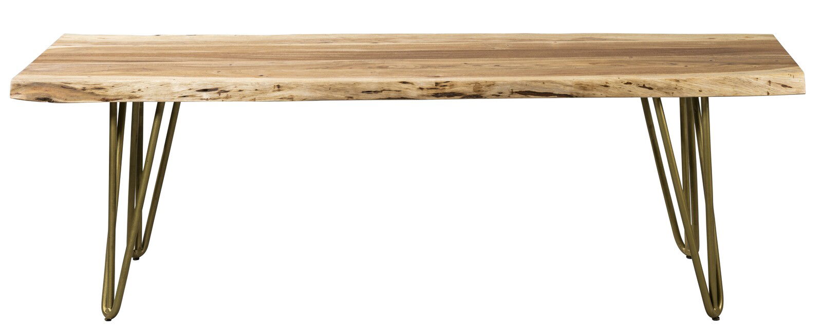 Holzbank mit natürlicher Kante und Metallbeinen, Frontalansicht