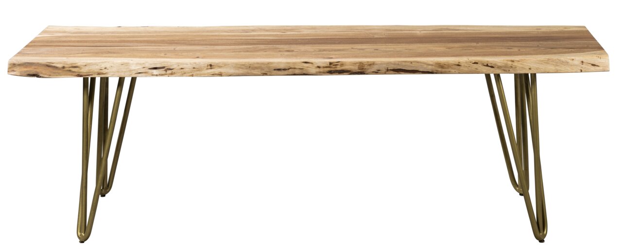 Holzbank mit natürlicher Kante und Metallbeinen, Frontalansicht