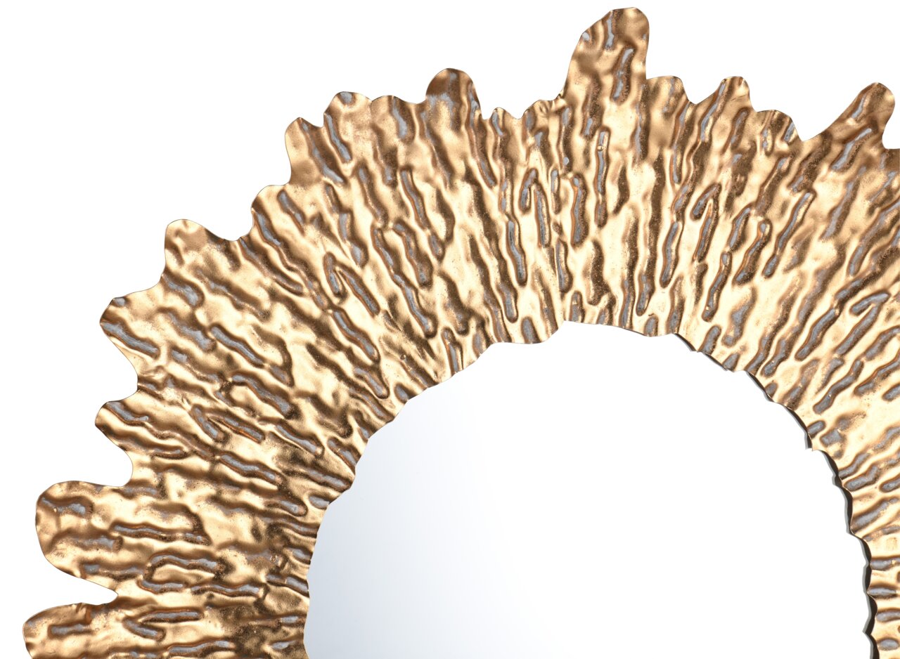 Nahaufnahme eines runden Spiegels mit einem goldfarbenen, strukturierten Rahmen in wellenförmigem Design, von oben betrachtet.