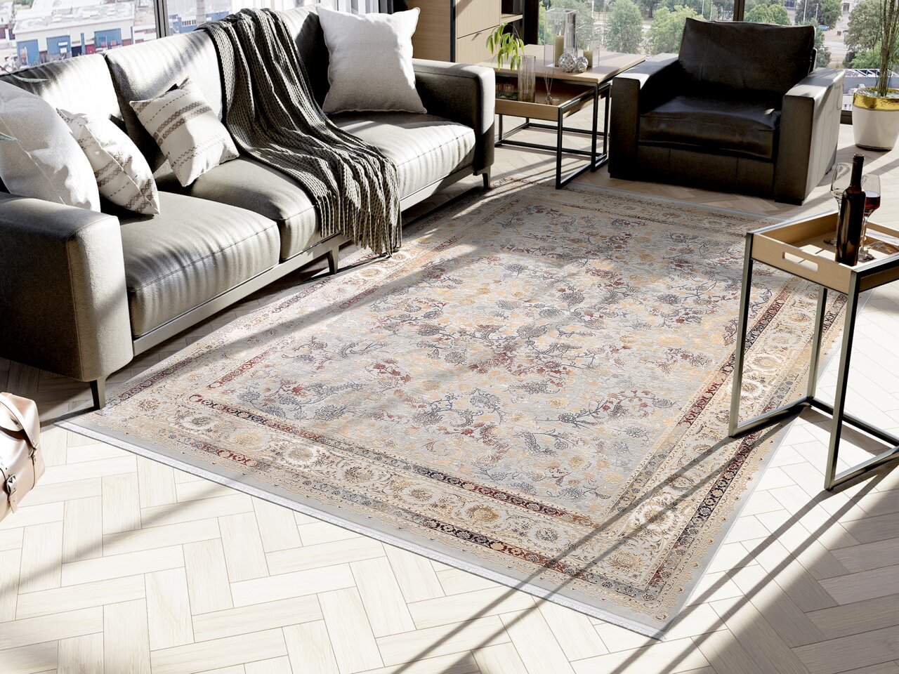 Orientteppich in einem modernen Wohnzimmer, von oben betrachtet, mit einem eleganten Muster in warmen Farben.