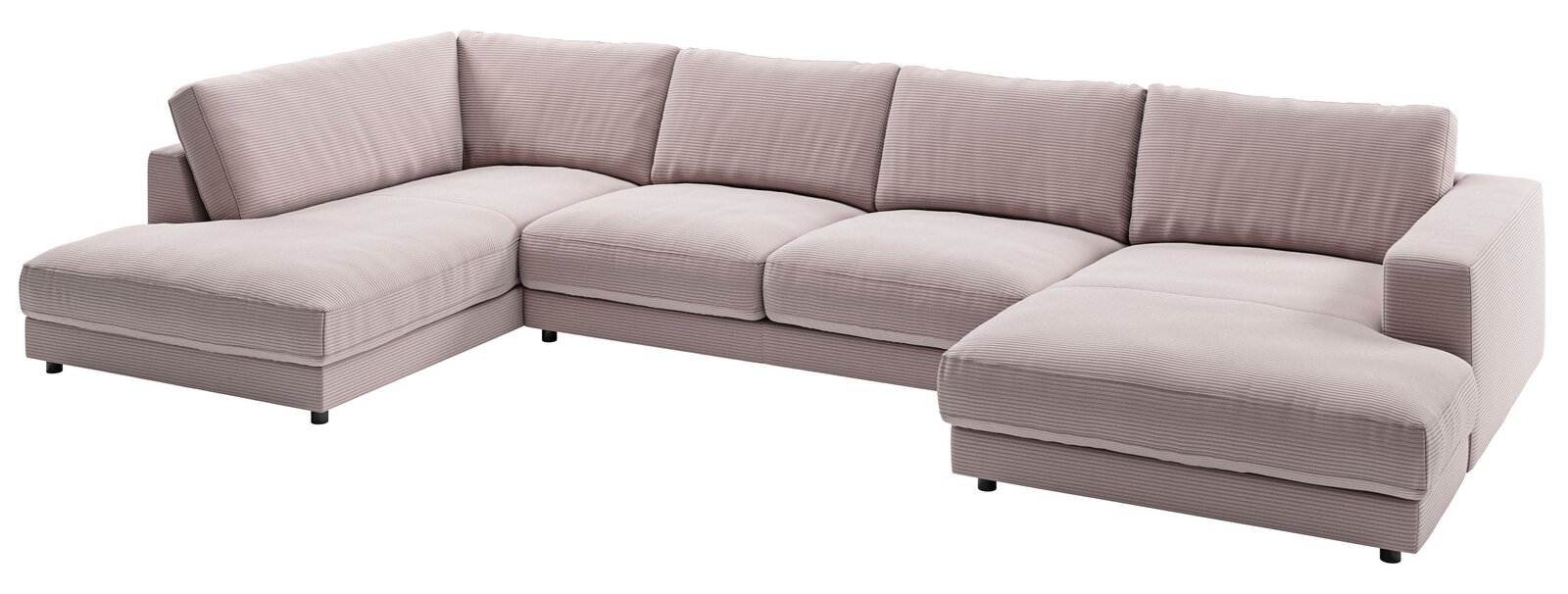 Große, moderne Polsterrundecke in L-Form mit hellgrauem Stoffbezug, aus der Perspektive von vorne links betrachtet.