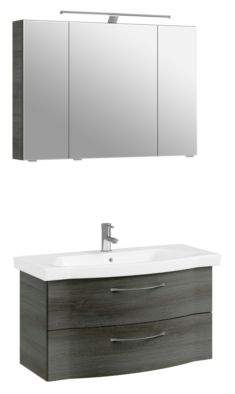 Moderner Badblock mit Spiegelschrank und Waschbecken, Frontansicht