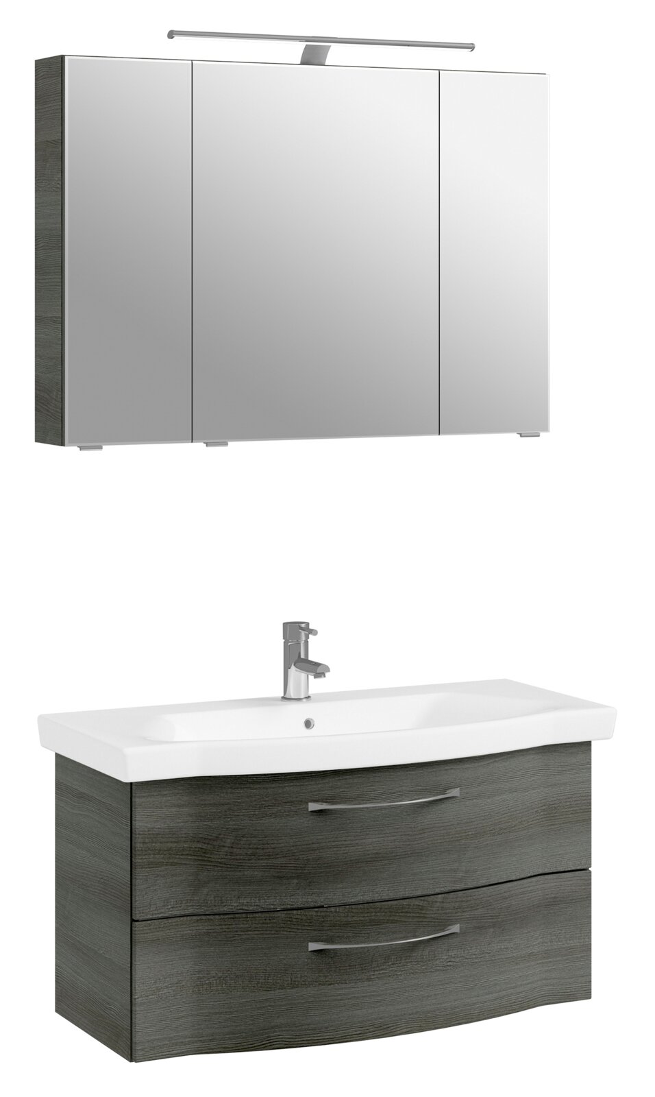 Moderner Badblock mit Spiegelschrank und Waschbecken, Frontansicht
