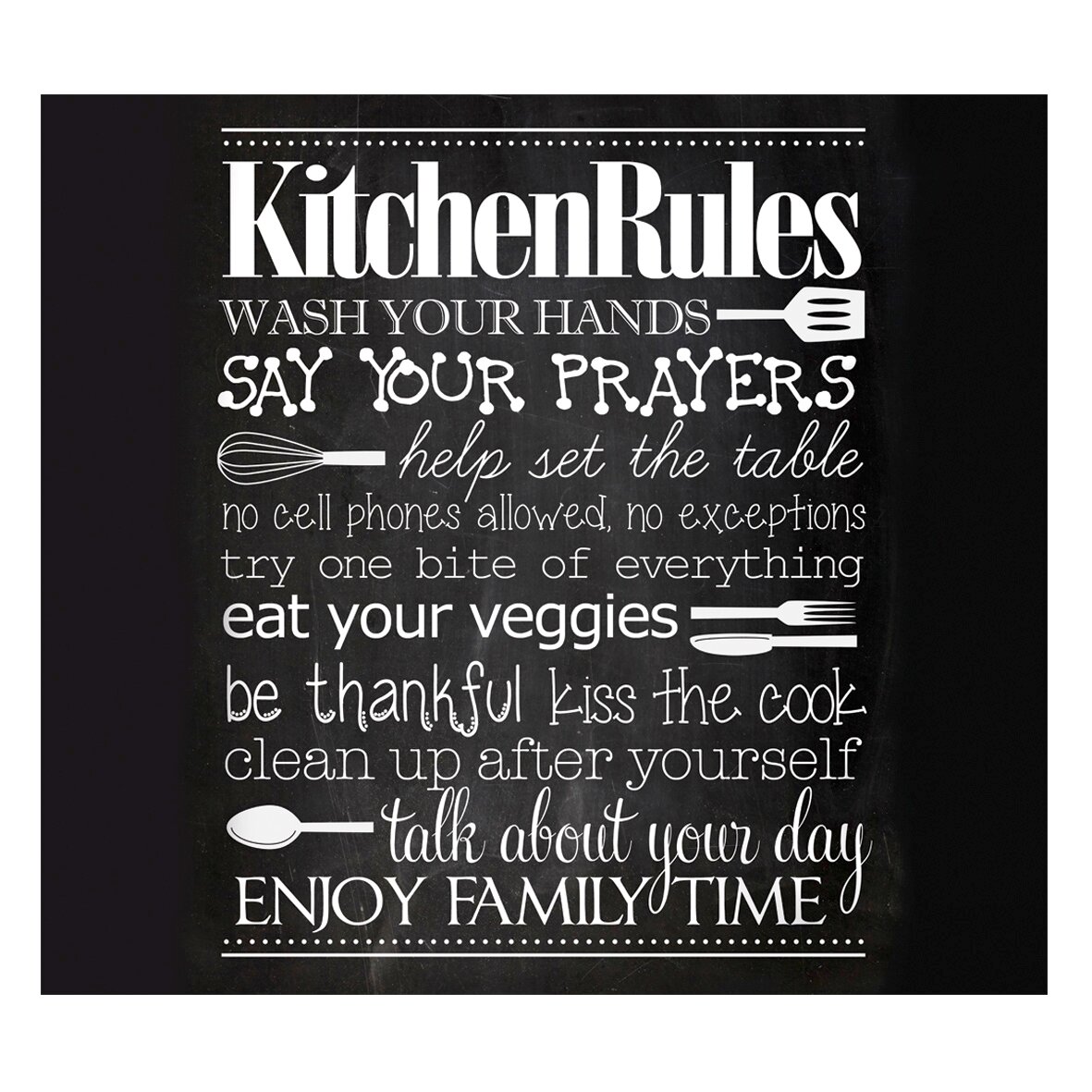 Herdblende mit der Aufschrift 'Kitchen Rules' in verschiedenen Schriftarten, mit Regeln wie 'Wash your hands', 'Say your prayers' und 'Enjoy family time'. Frontalansicht.