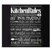 Herdblende mit der Aufschrift 'Kitchen Rules' in verschiedenen Schriftarten, mit Regeln wie 'Wash your hands', 'Say your prayers' und 'Enjoy family time'. Frontalansicht.